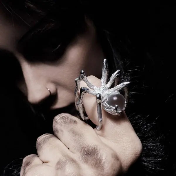 Gothic Spider Webs Lizard Ring for Men Antique Silver