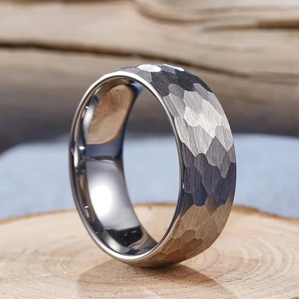 Stainless Steel Couple Ring Hammered Multi-faceted Wedding Jewelry