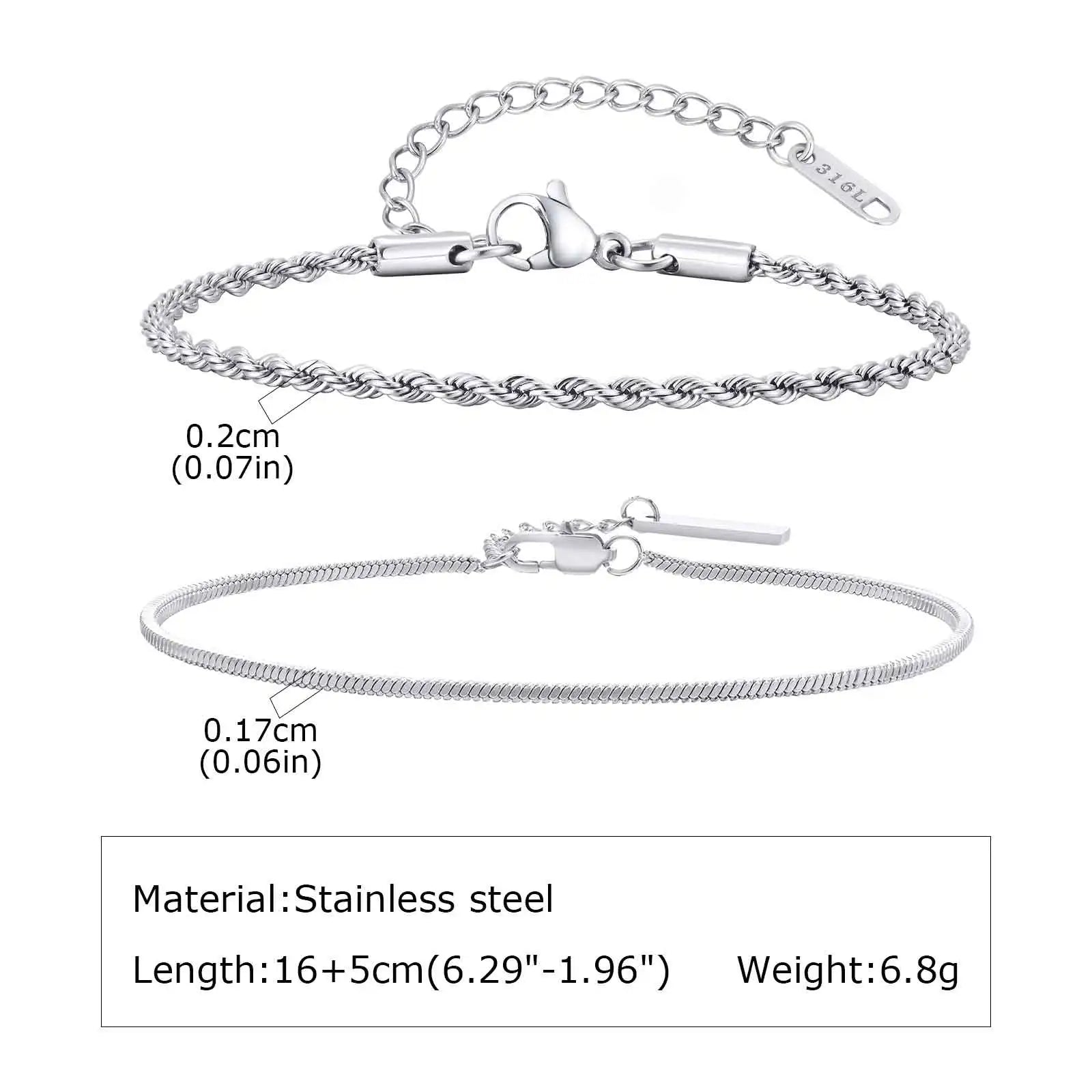 Men's Silver Stainless Steel Chain Bracelets, Adjustable Rope Wristband