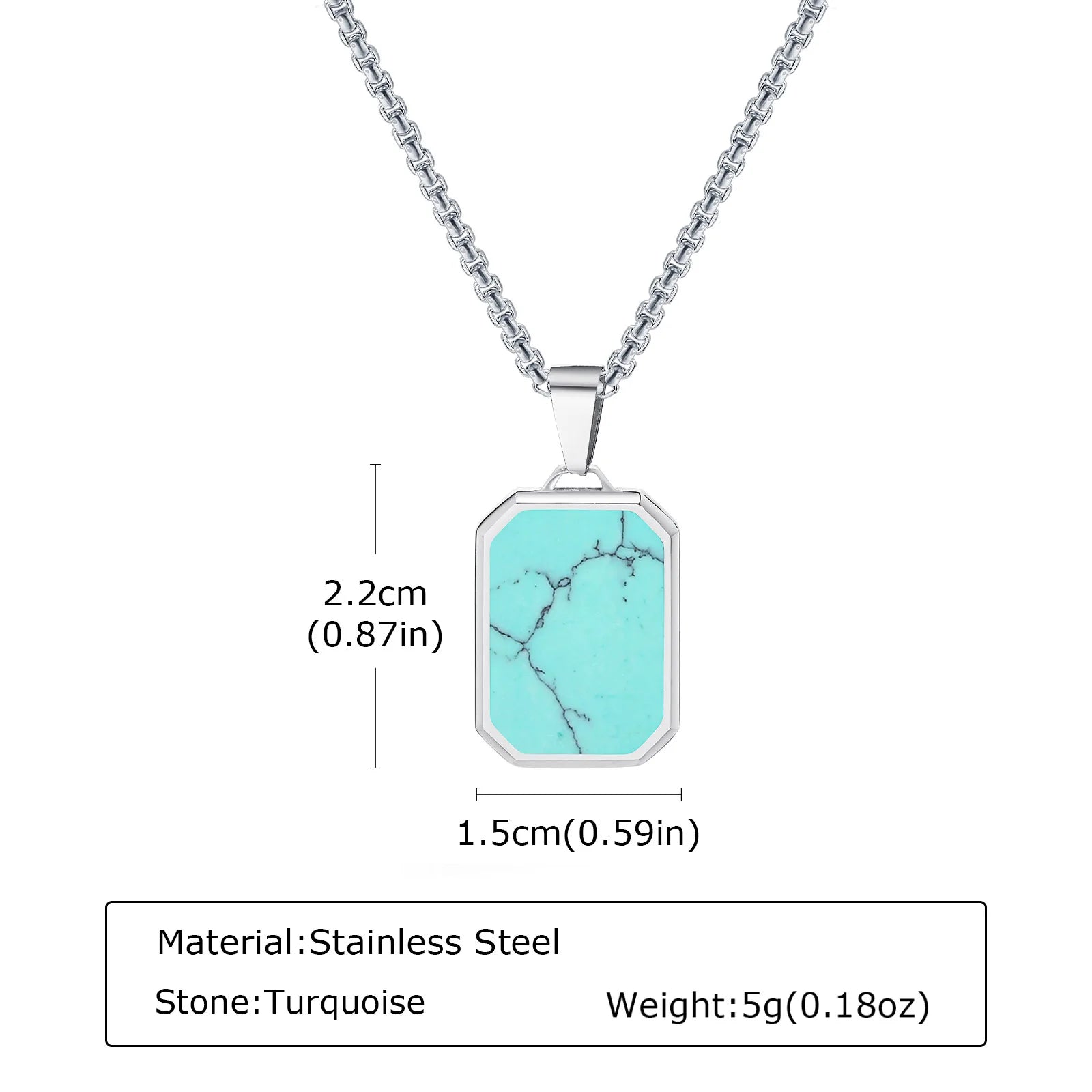 Square Natural Stone Pendant Necklace for Men in Stainless Steel