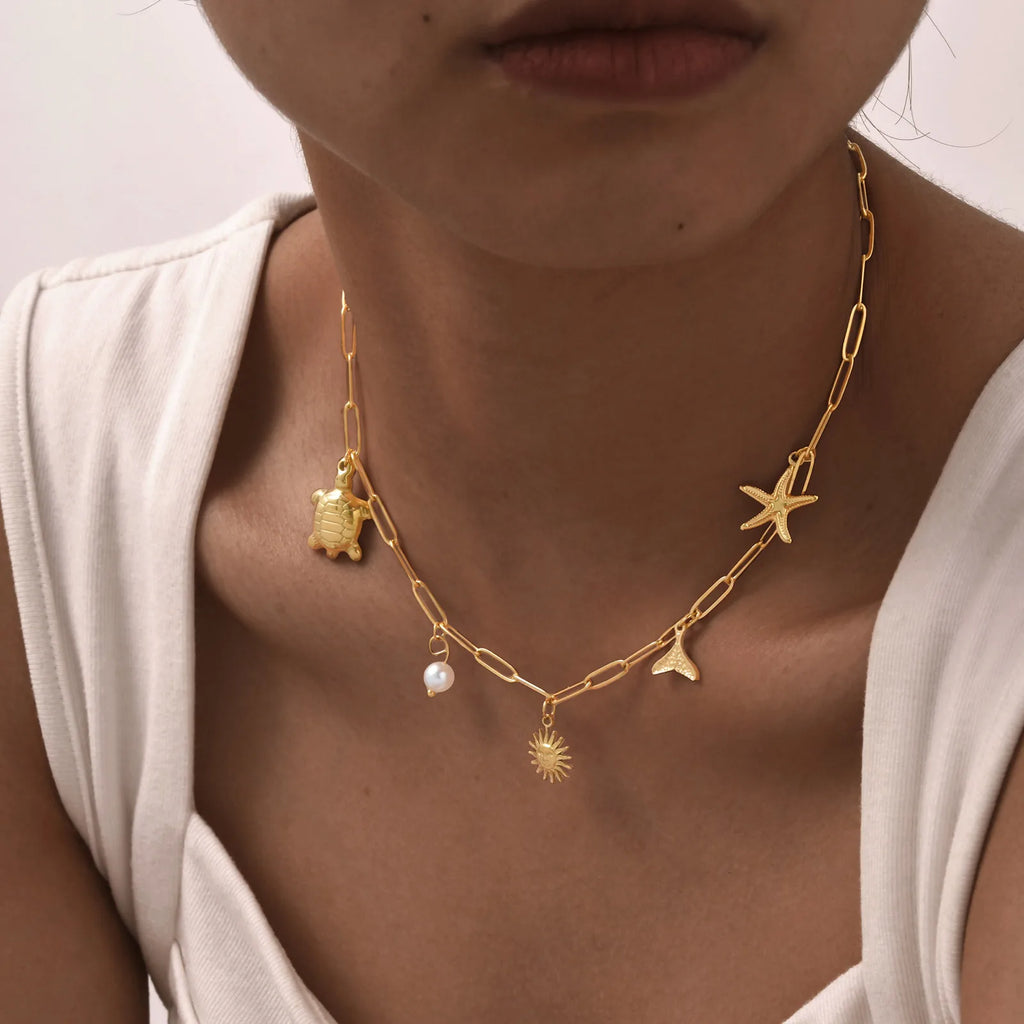 Gold Plated Pearl Shell Conch Starfish Necklace for Women