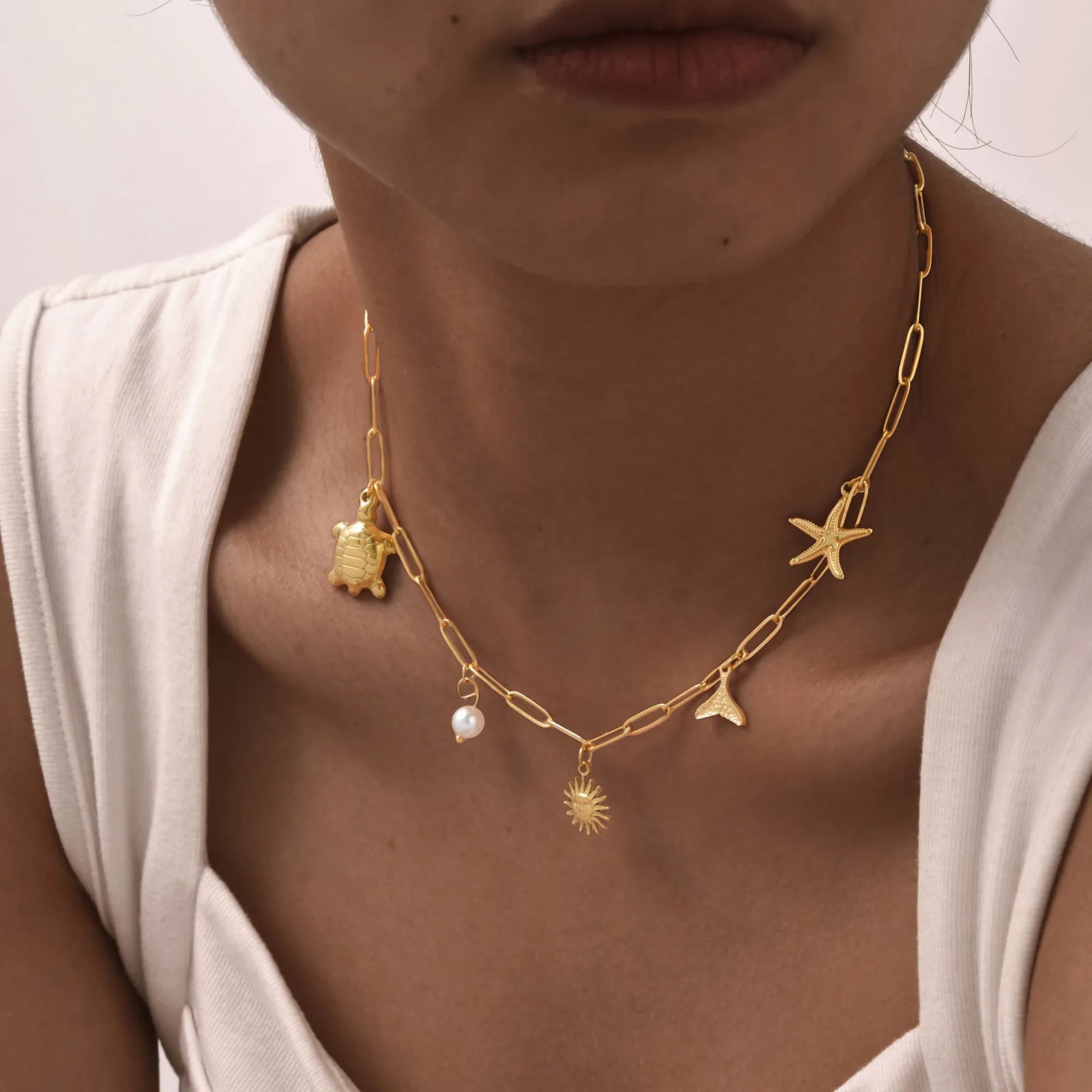 Gold Plated Pearl Shell Conch Starfish Necklace for Women