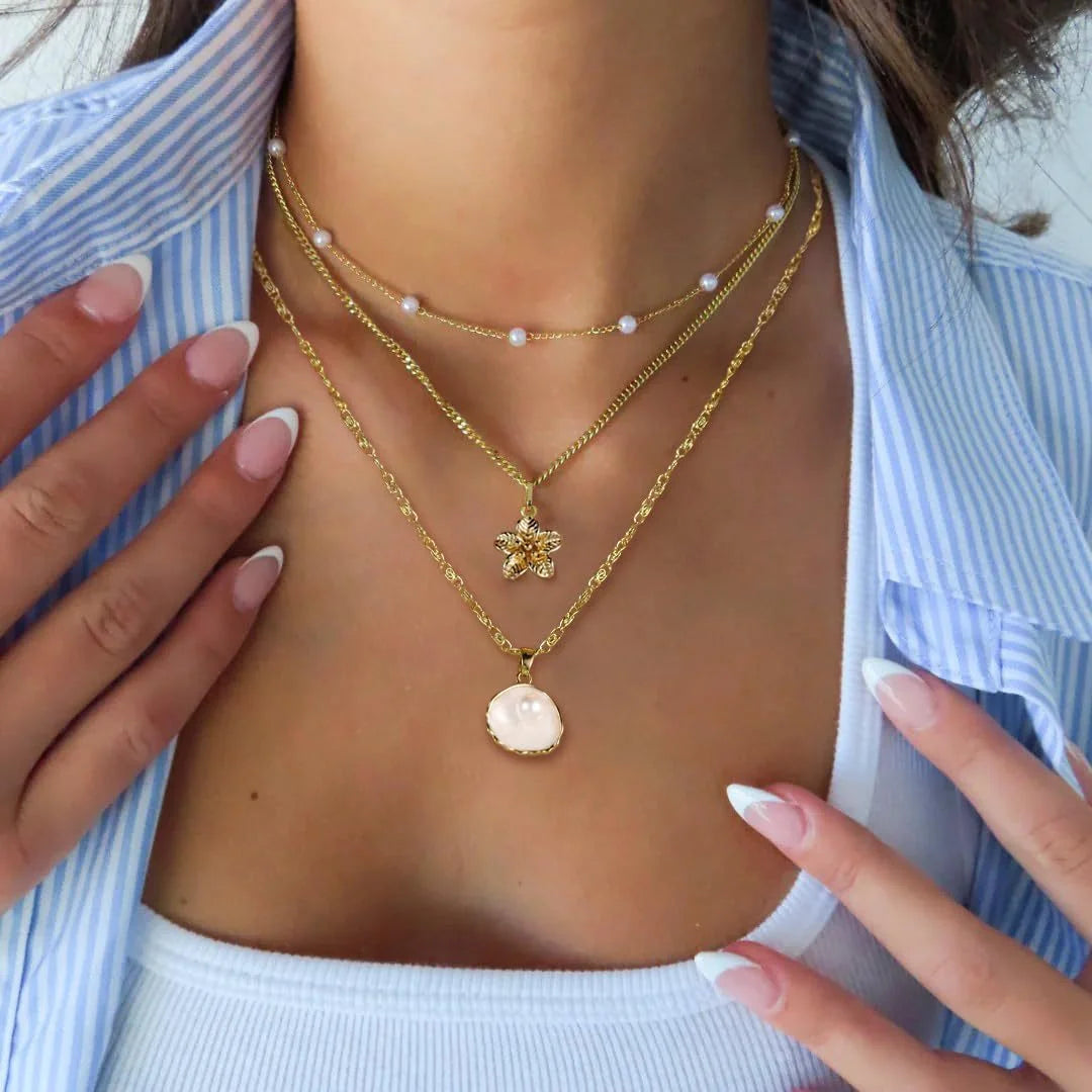 Faux Pearl Seashell Flower Necklace Set for Women