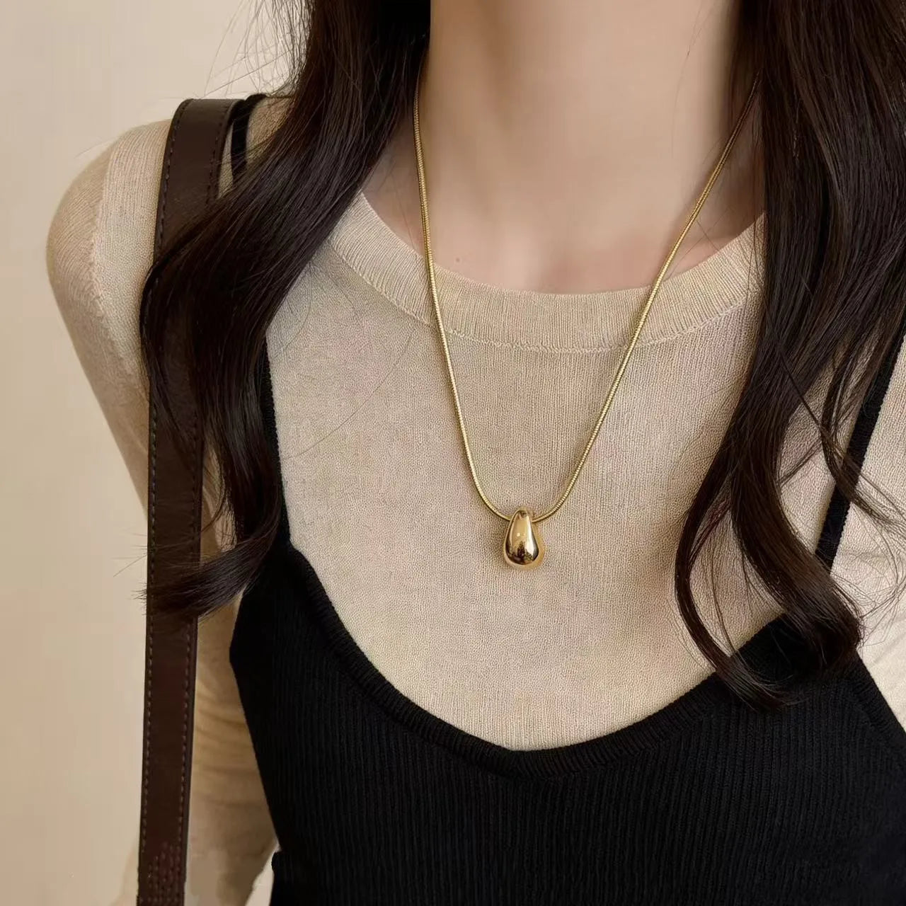 Waterdrop Pendant Necklace Women Stainless Steel Snake Chain