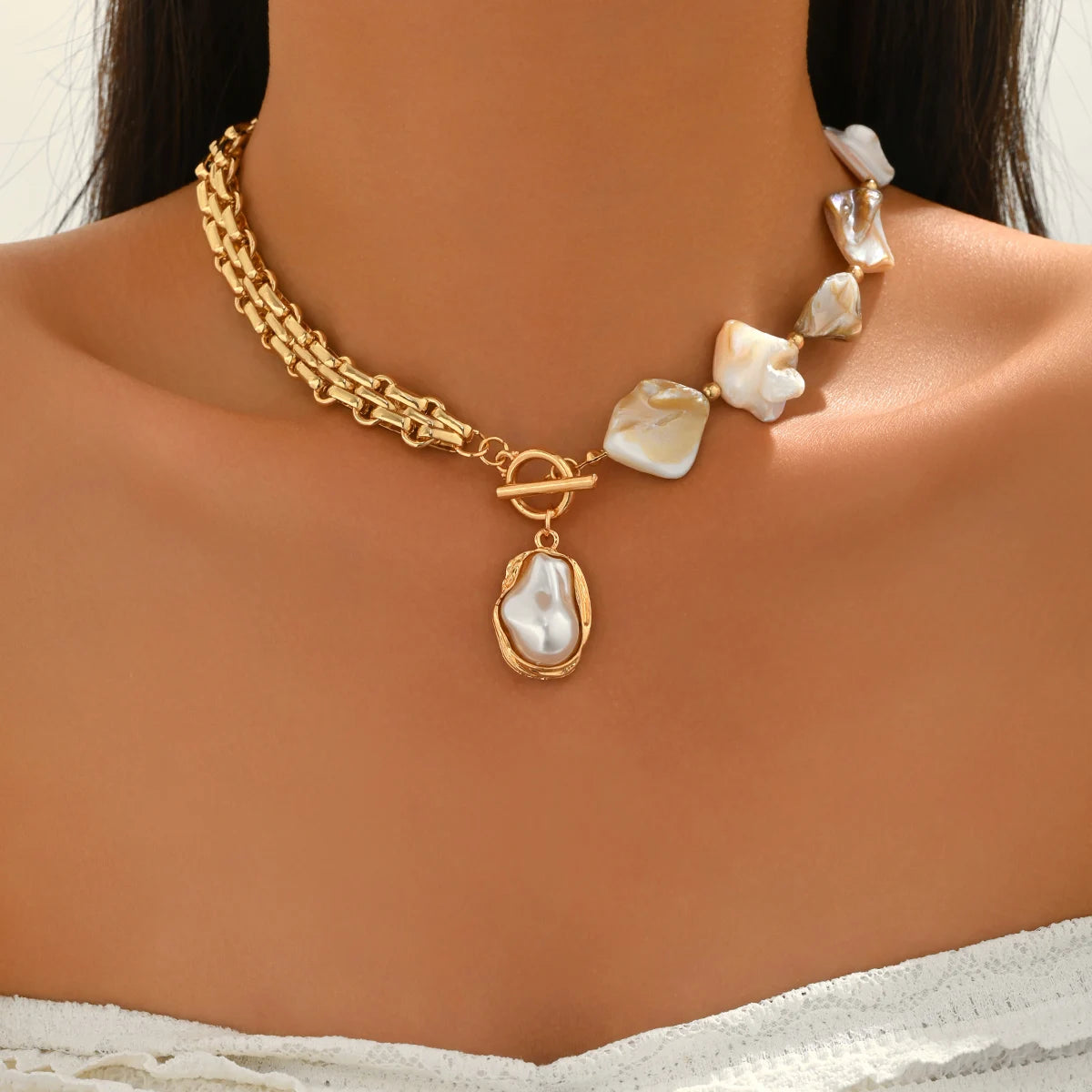 Boho Pearl Choker Necklace with Asymmetric Cuban Link Chain