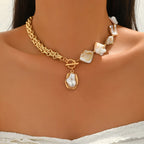 Boho Pearl Choker Necklace with Asymmetric Cuban Link Chain
