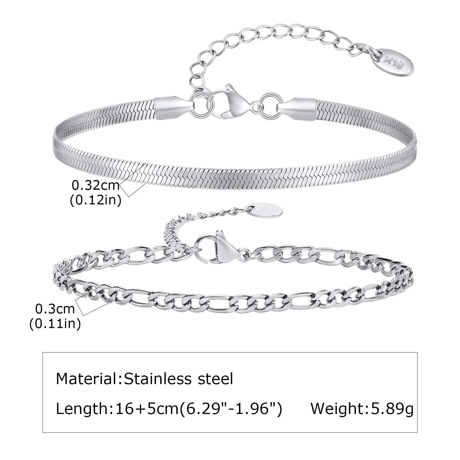 Men's Silver Stainless Steel Chain Bracelets, Adjustable Rope Wristband