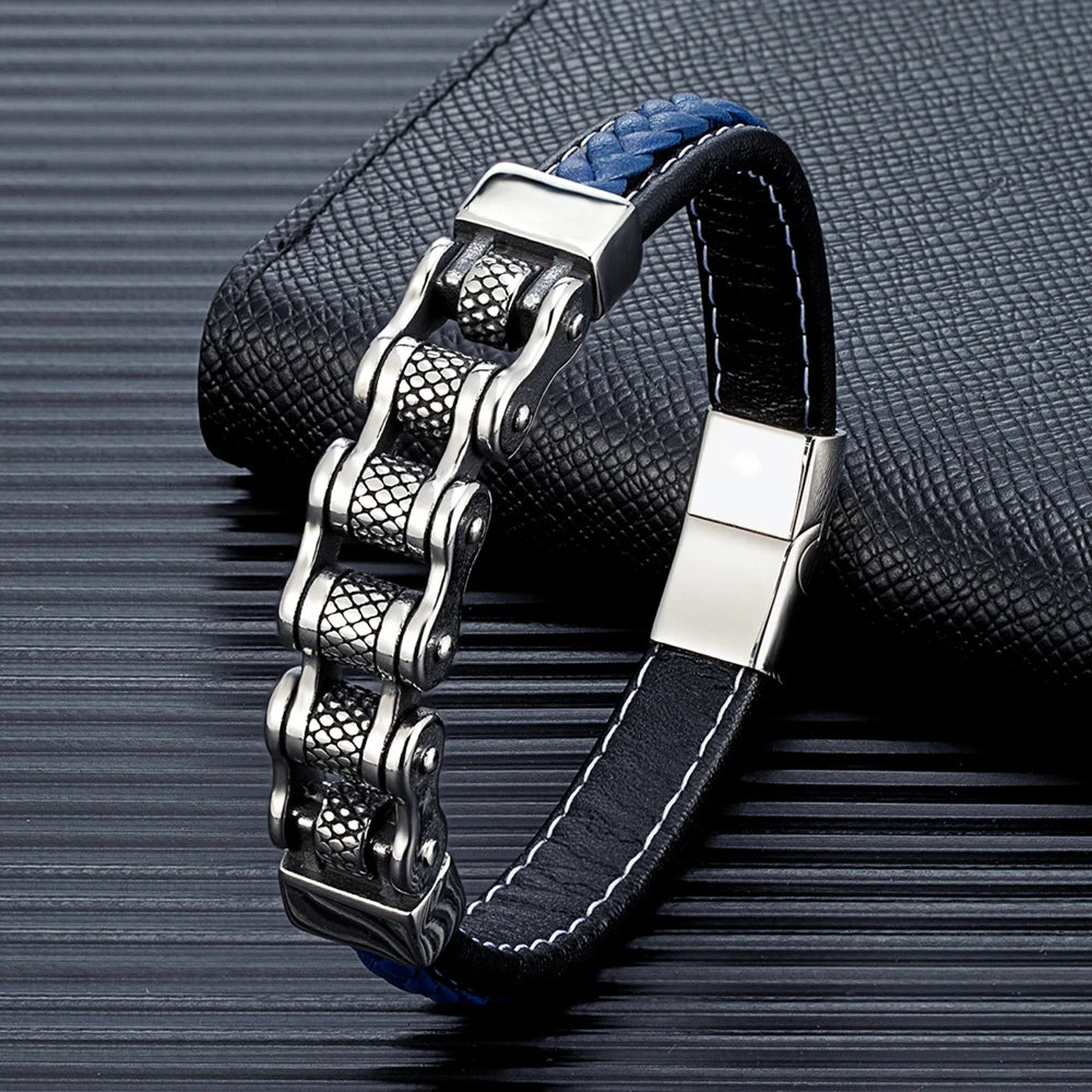 Genuine Leather Bracelet MKENDN Punk Men Biker Chain