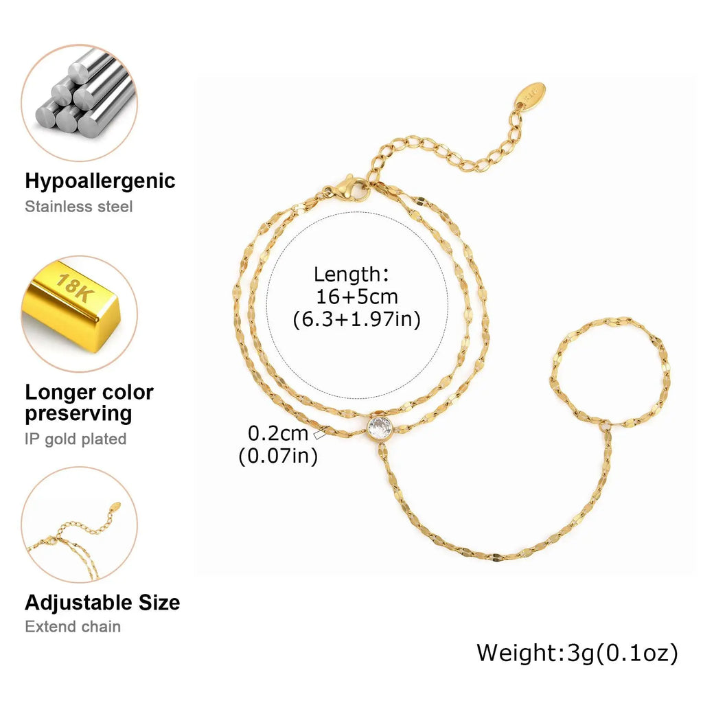 Gold Stainless Steel Hand Chain Ring Bracelet for Women