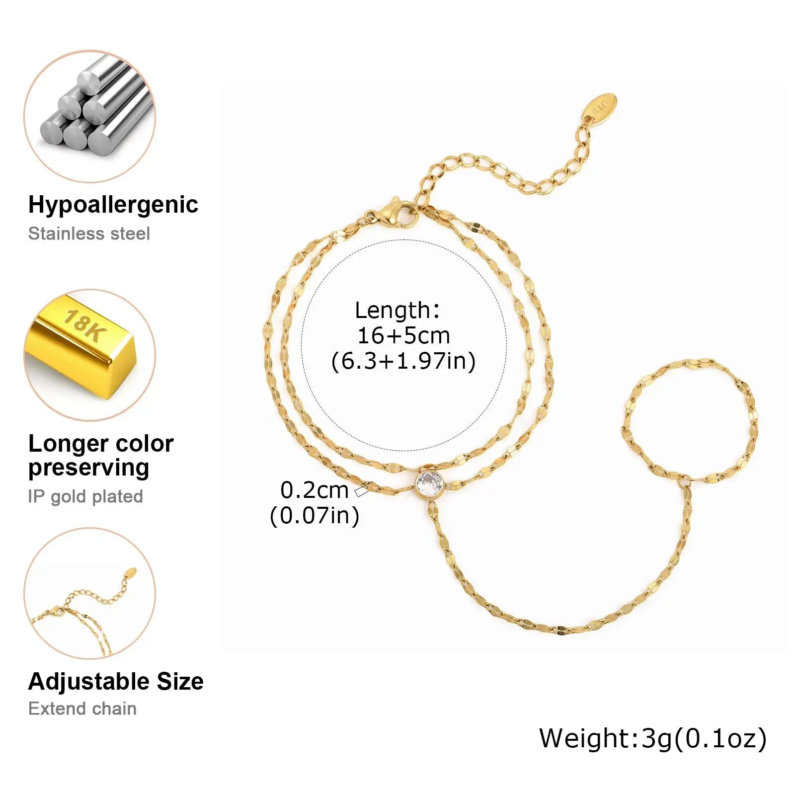Gold Stainless Steel Hand Chain Ring Bracelet for Women