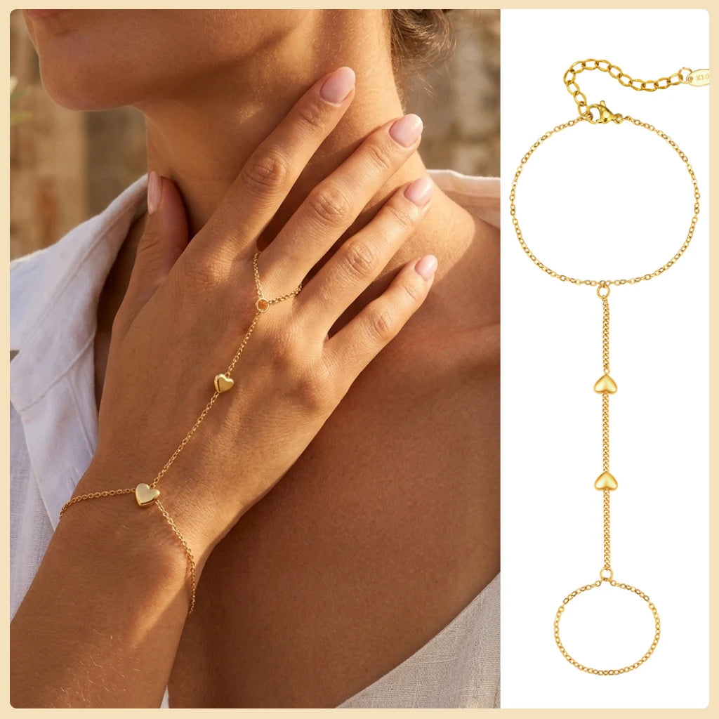 Gold Stainless Steel Hand Chain Ring Bracelet for Women