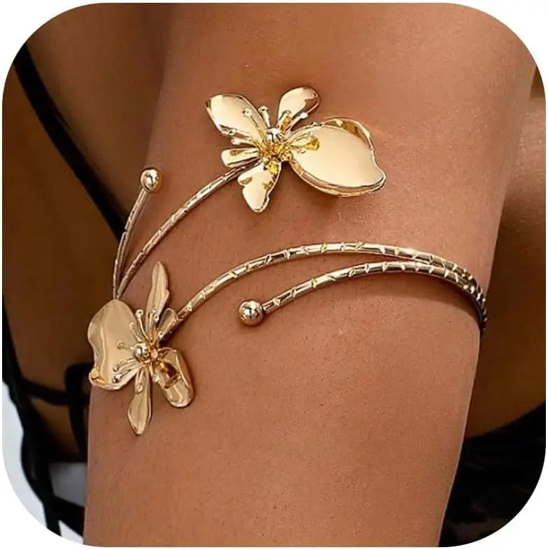 Gold Flower Arm Cuff Bangle Bracelet for Women