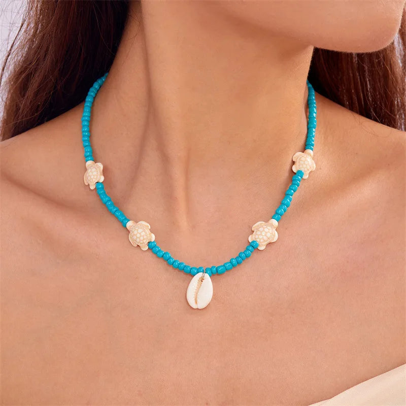 Turquoise Bohemian Choker Necklace with Shells for Women