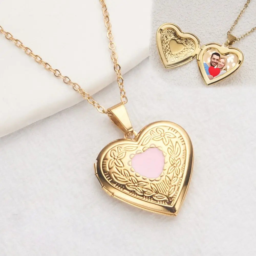 Photo Locket Necklace Pendant Titanium Steel Gold Silver