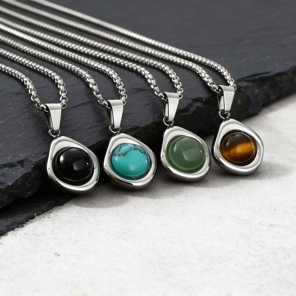 Square Natural Stone Pendant Necklace for Men in Stainless Steel