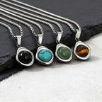 Square Natural Stone Pendant Necklace for Men in Stainless Steel