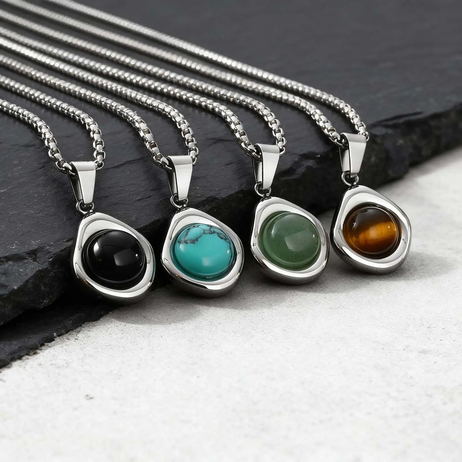 Square Natural Stone Pendant Necklace for Men in Stainless Steel