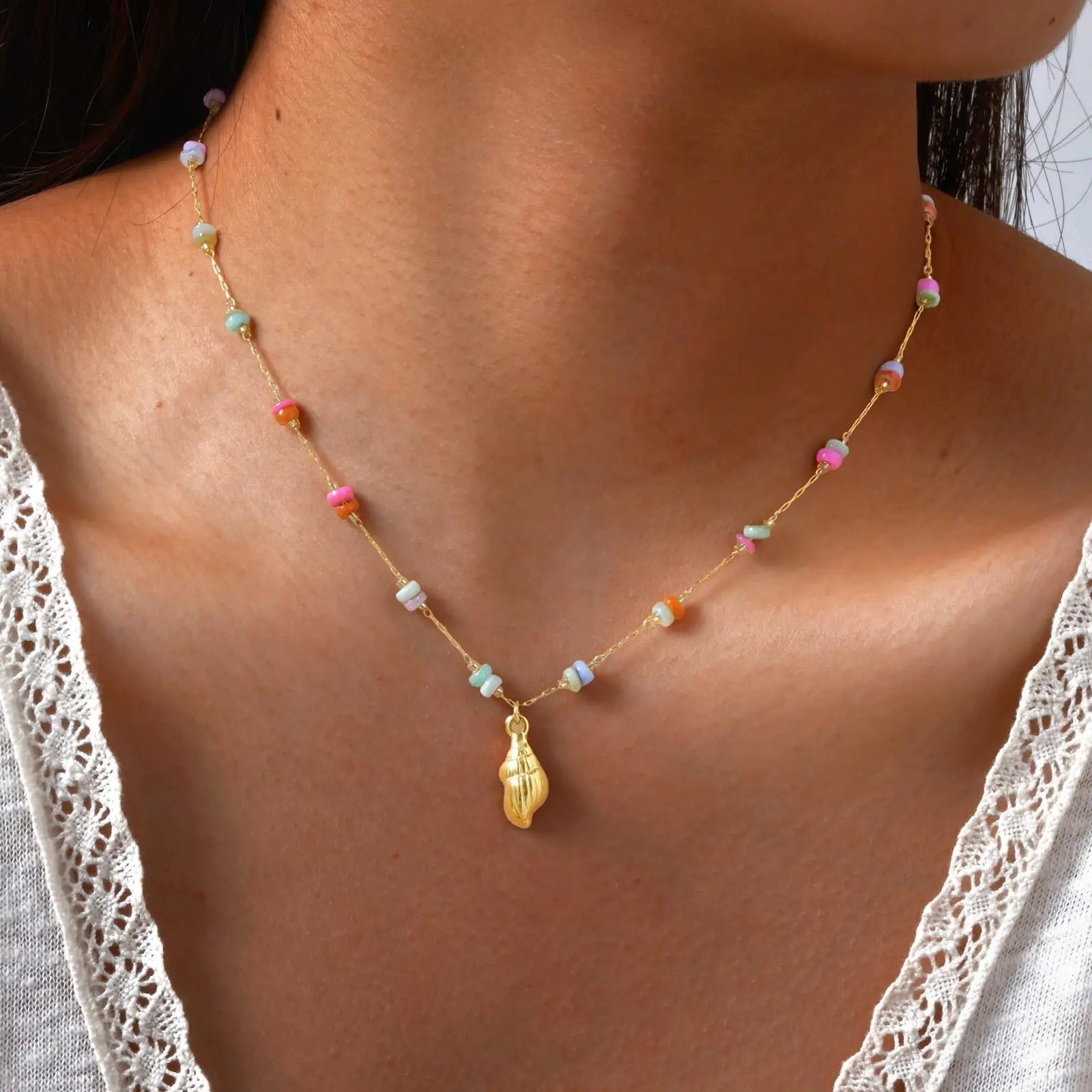 Gold Plated Pearl Shell Conch Starfish Necklace for Women