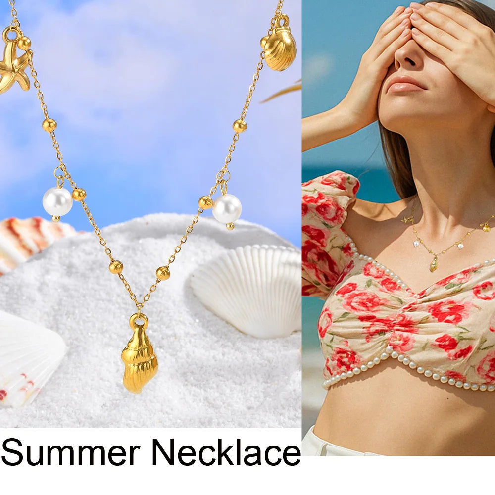 Gold Plated Pearl Shell Conch Starfish Necklace for Women