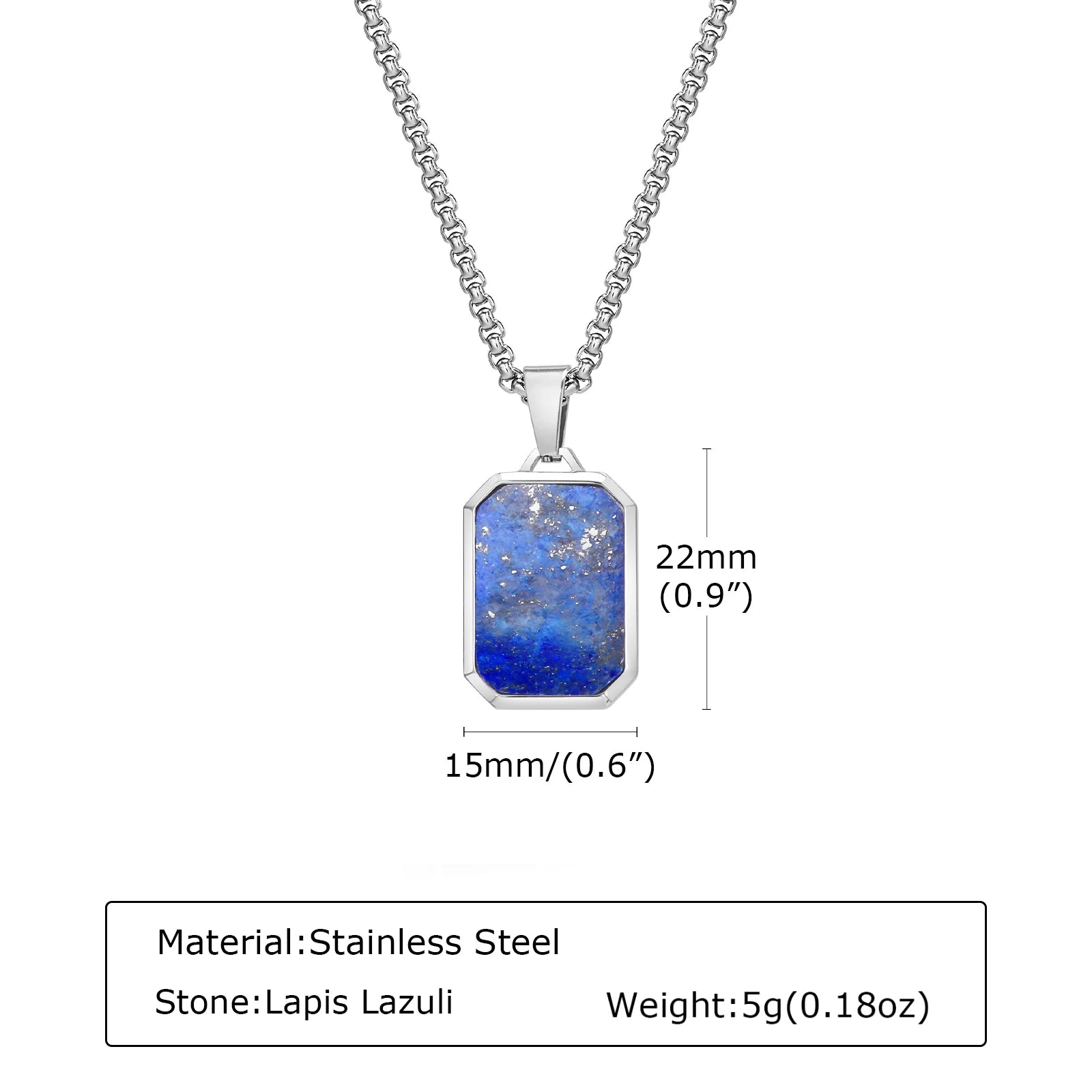 Square Natural Stone Pendant Necklace for Men in Stainless Steel