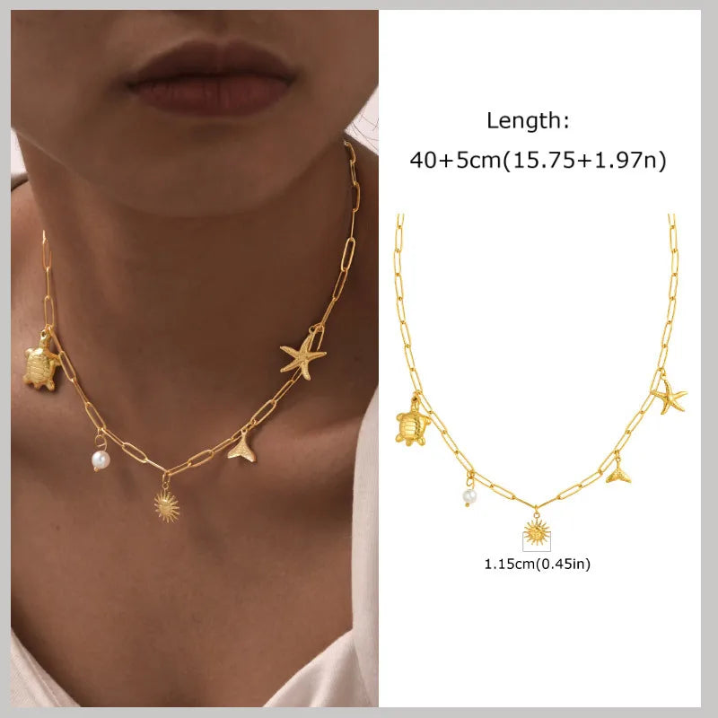 Gold Plated Pearl Shell Conch Starfish Necklace for Women