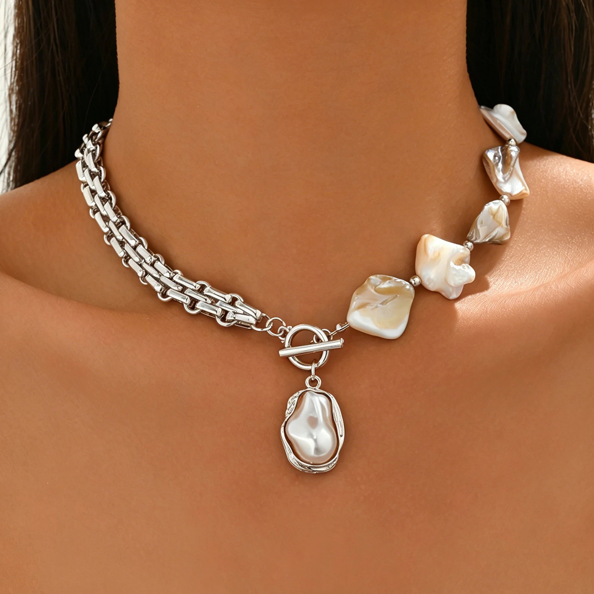 Boho Pearl Choker Necklace with Asymmetric Cuban Link Chain