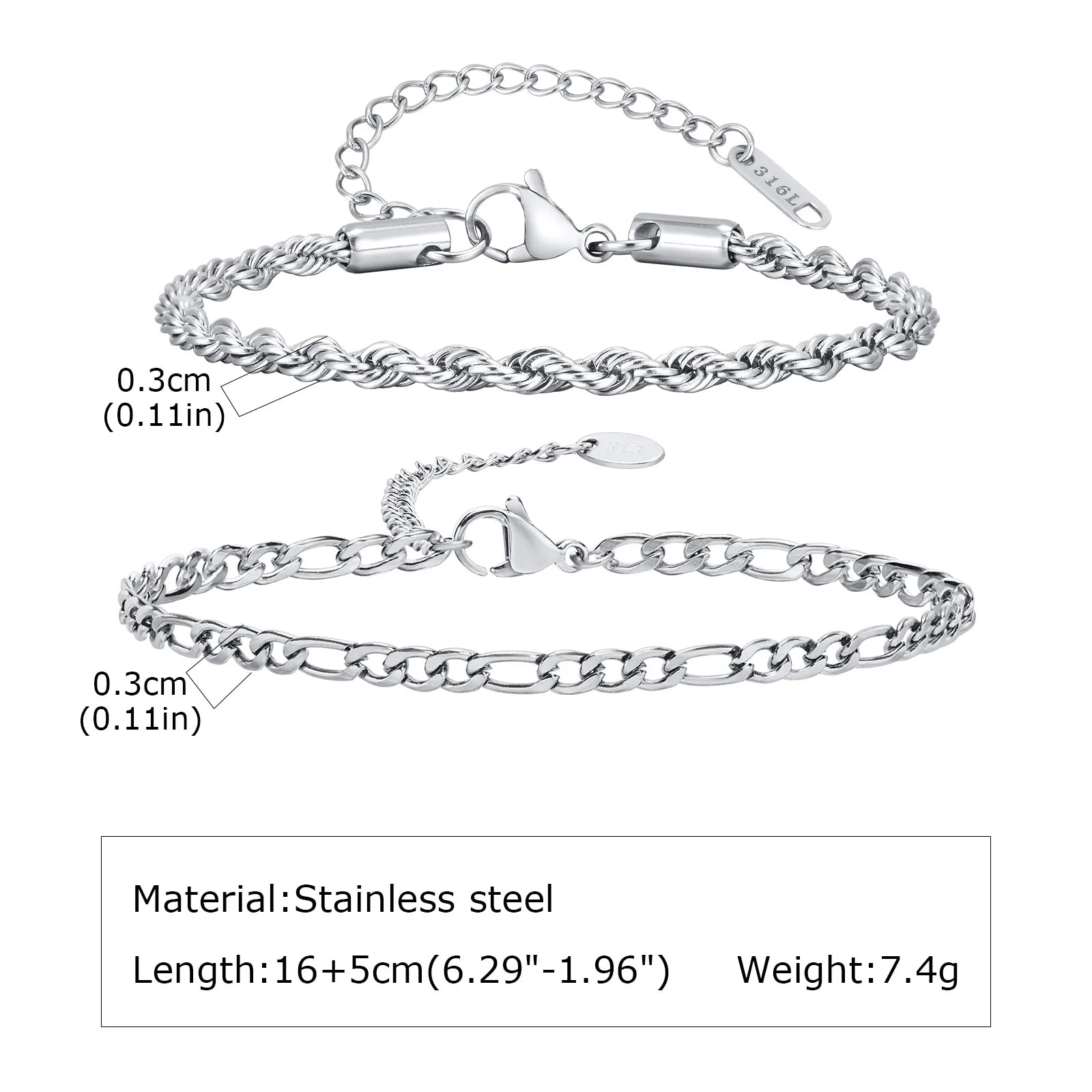 Men's Silver Stainless Steel Chain Bracelets, Adjustable Rope Wristband