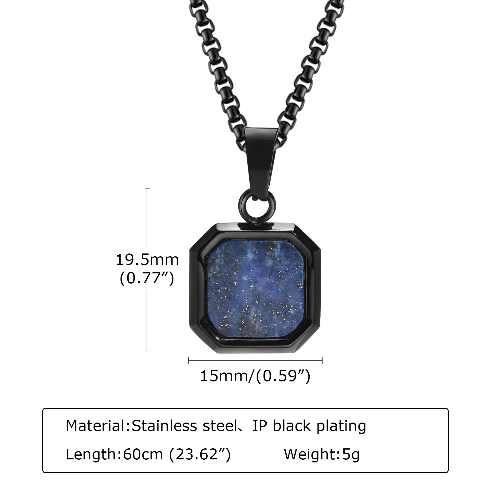 Square Natural Stone Pendant Necklace for Men in Stainless Steel