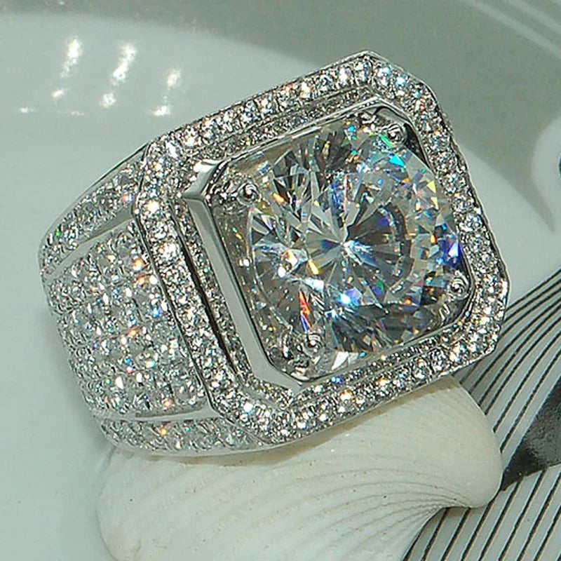 Rhinestone Hip Hop Square Ring Pave Setting CZ Engagement Ring
