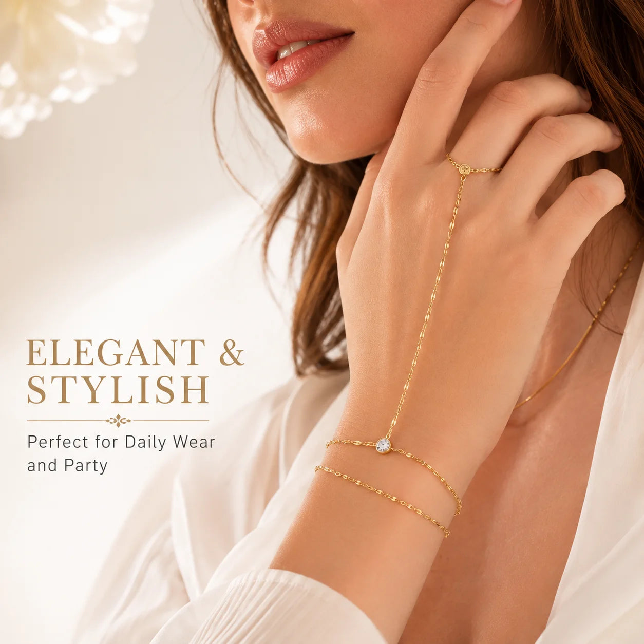 Gold Stainless Steel Hand Chain Ring Bracelet for Women