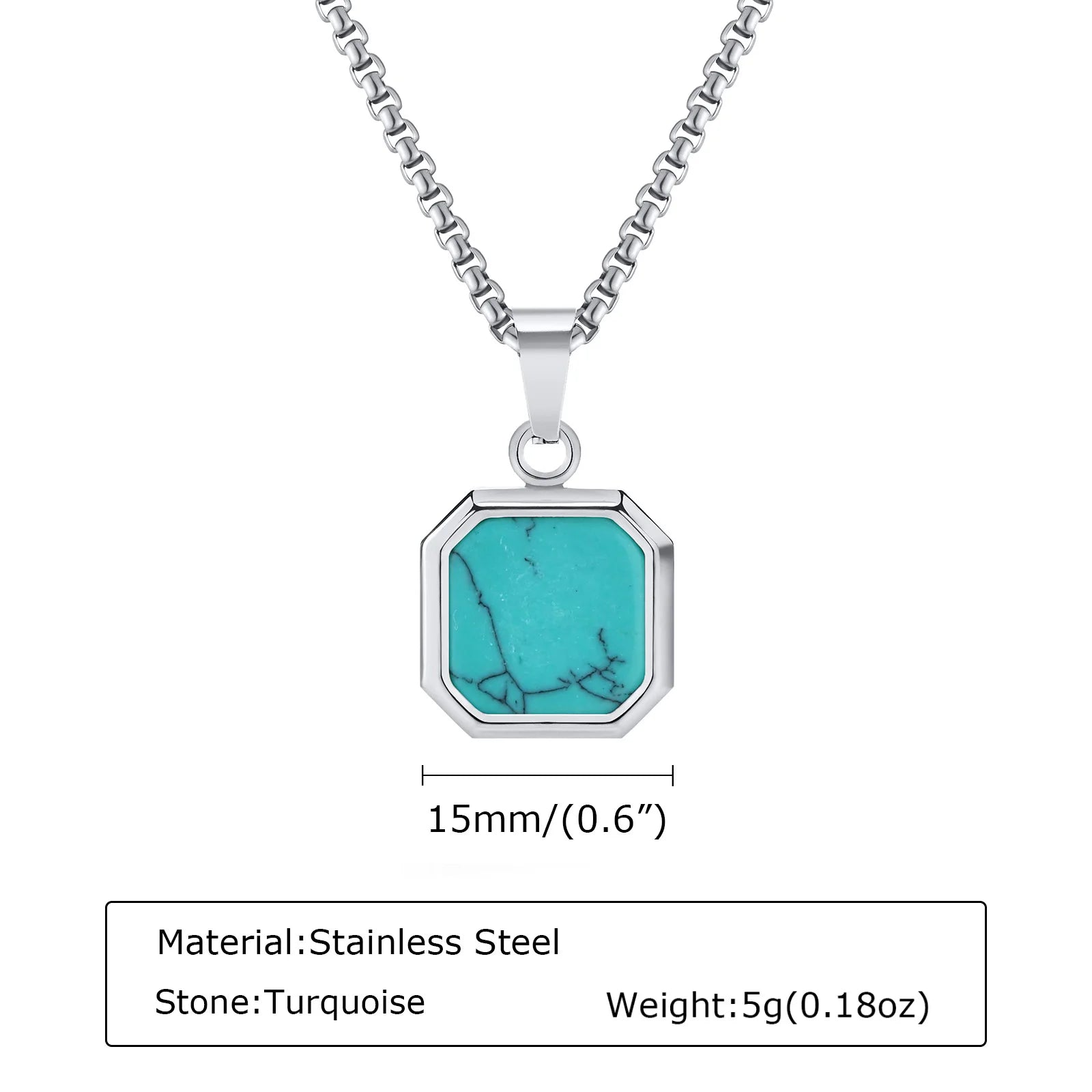 Square Natural Stone Pendant Necklace for Men in Stainless Steel