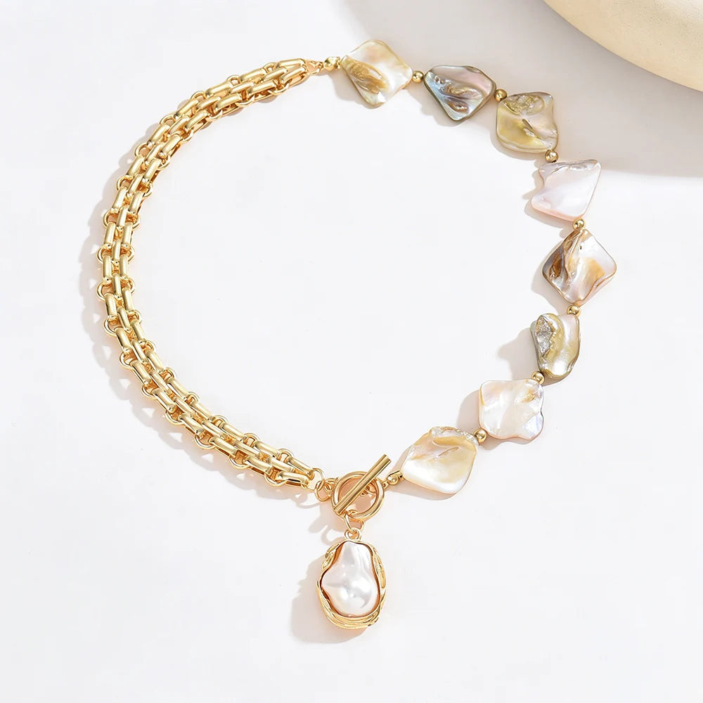 Boho Pearl Choker Necklace with Asymmetric Cuban Link Chain