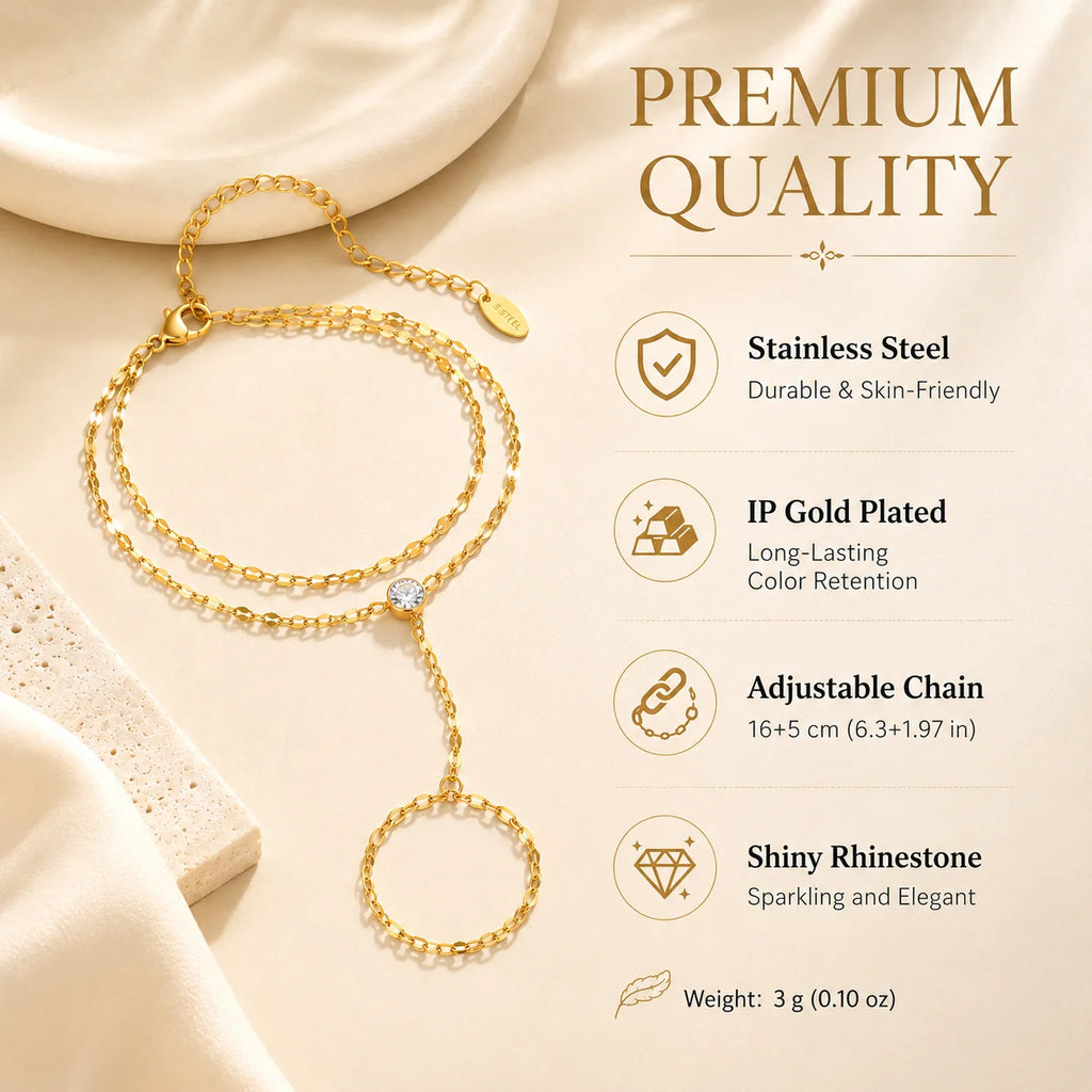 Gold Stainless Steel Hand Chain Ring Bracelet for Women
