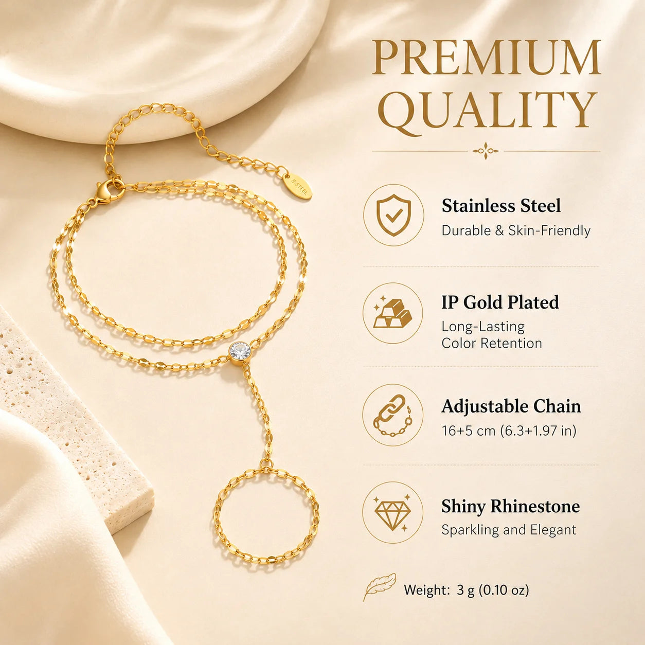Gold Stainless Steel Hand Chain Ring Bracelet for Women
