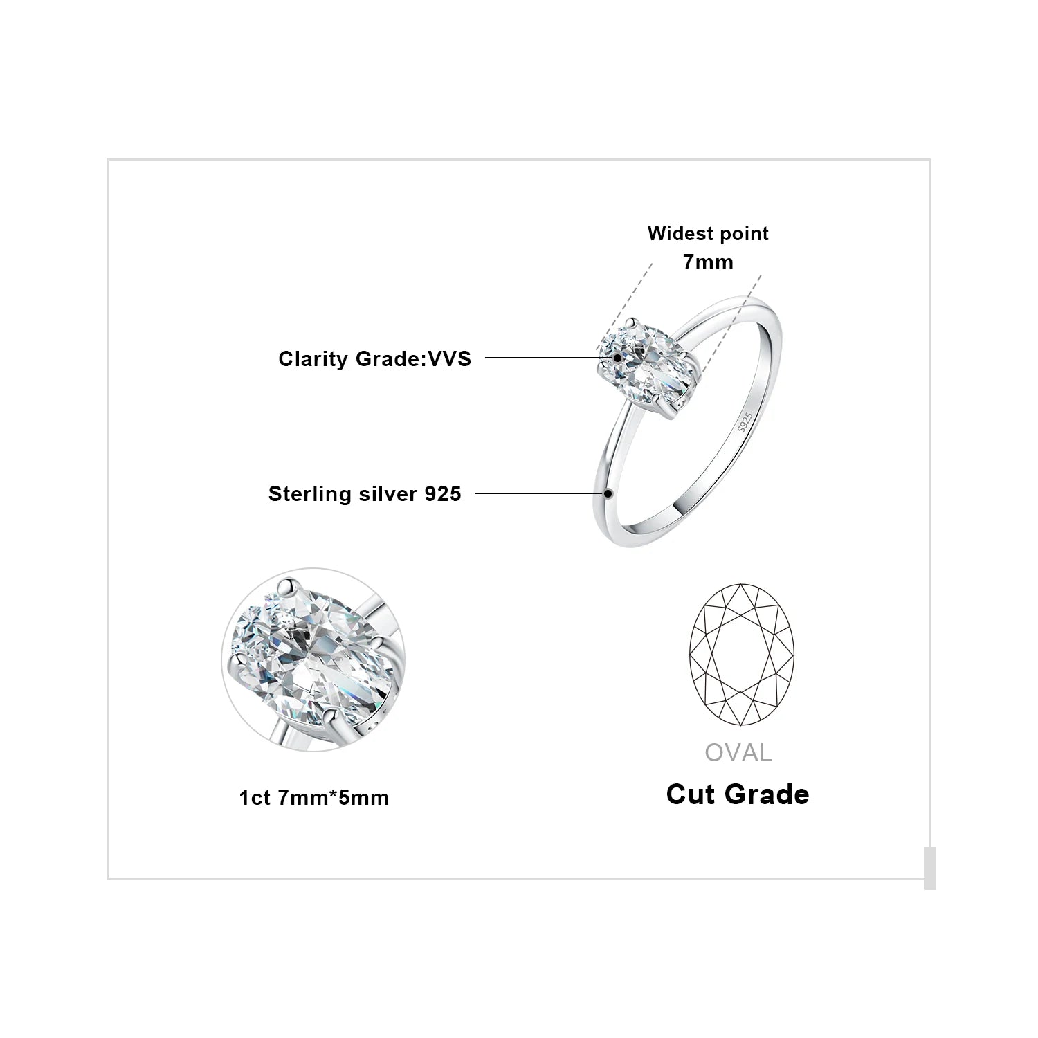 JewelryPalace 925 Sterling Silver Oval Solitaire Engagement Ring