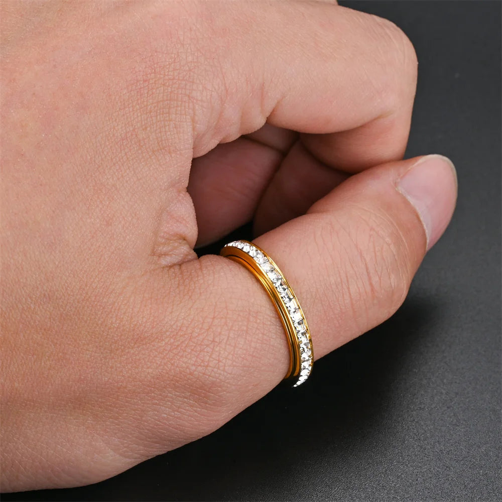 Fidget Anxiety Ring Women's Stainless Steel Crystal Spinner