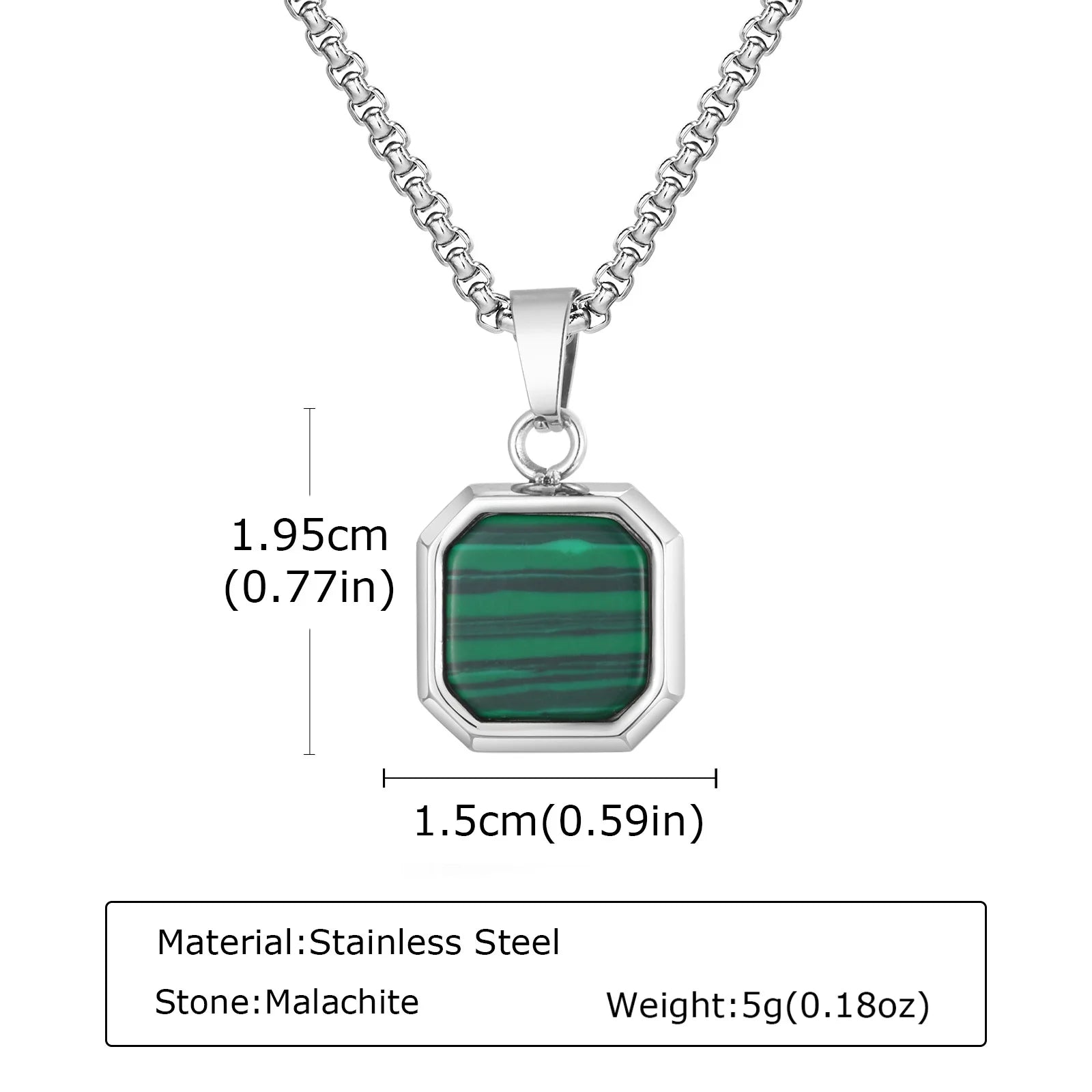 Square Natural Stone Pendant Necklace for Men in Stainless Steel