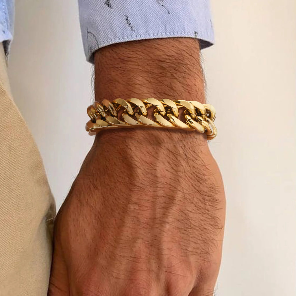 Gold Plated Chunky Chain Bracelet for Men, Stainless Steel