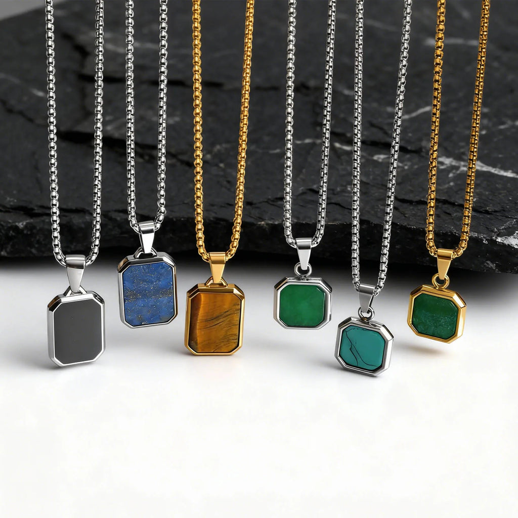 Square Natural Stone Pendant Necklace for Men in Stainless Steel
