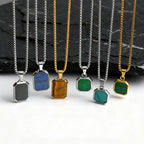 Square Natural Stone Pendant Necklace for Men in Stainless Steel