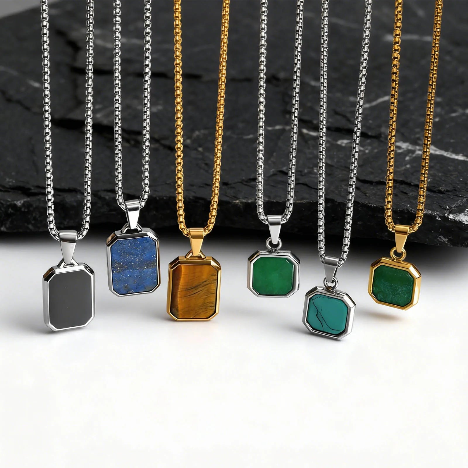 Square Natural Stone Pendant Necklace for Men in Stainless Steel