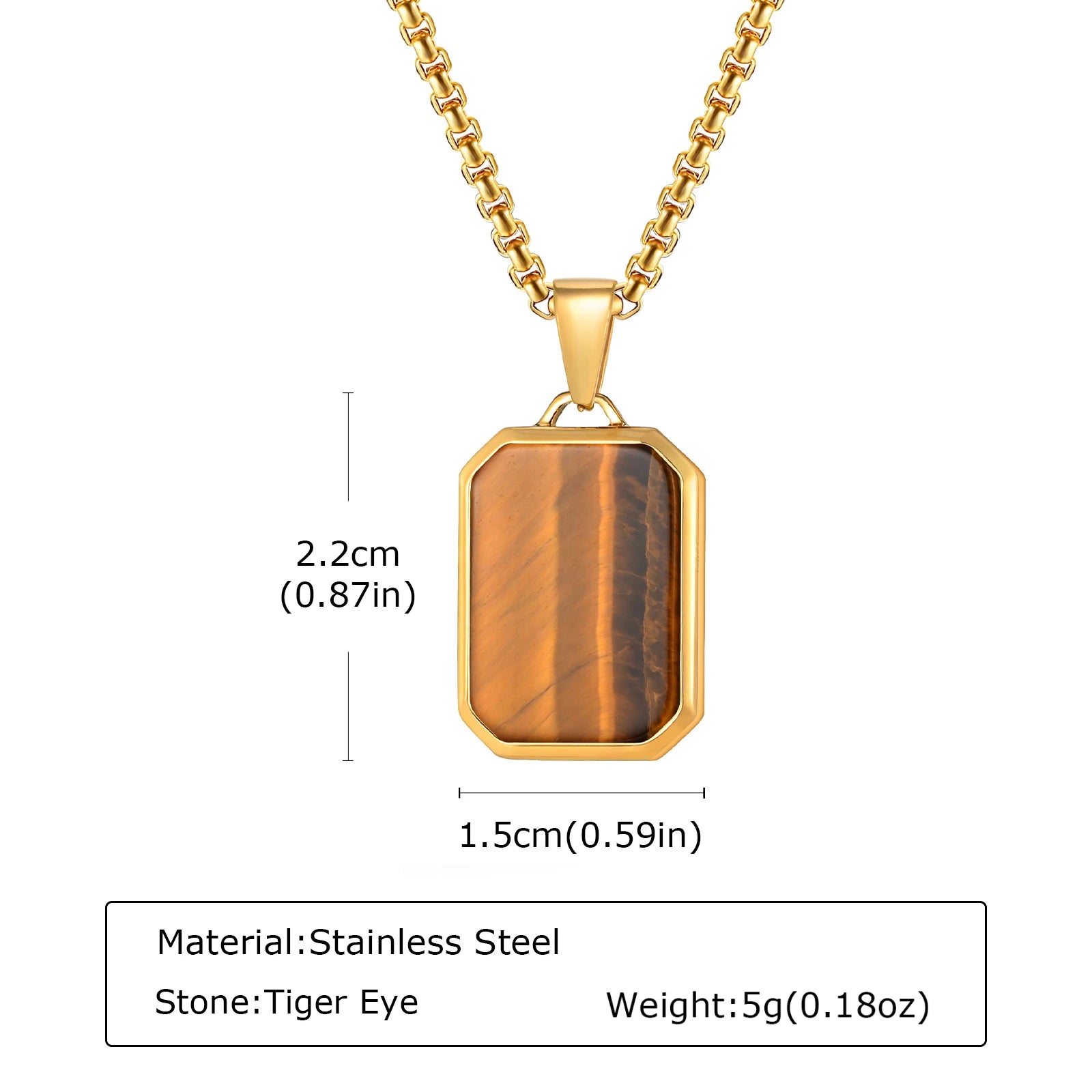 Square Natural Stone Pendant Necklace for Men in Stainless Steel
