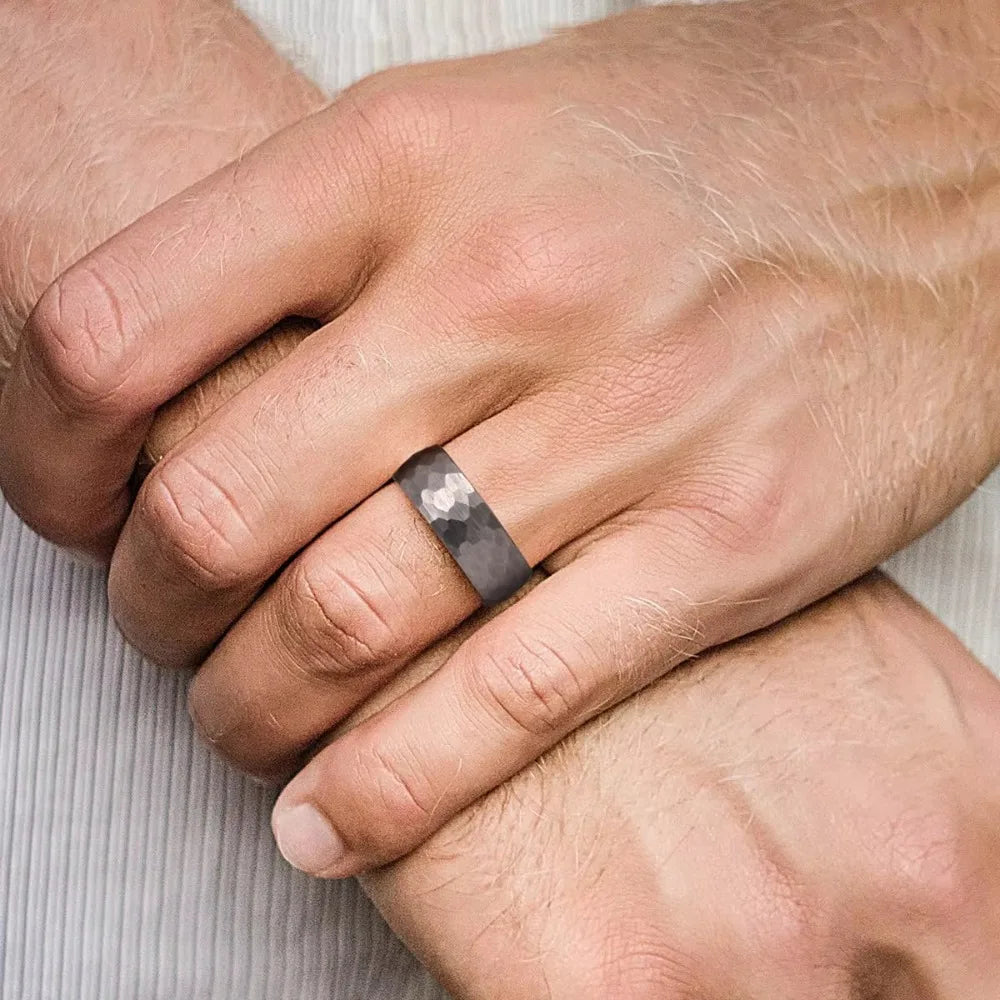 Stainless Steel Couple Ring Hammered Multi-faceted Wedding Jewelry