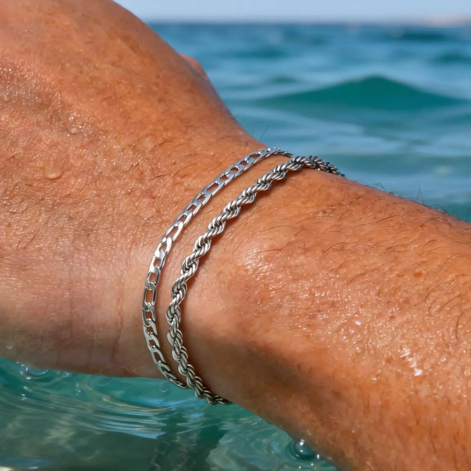 Men's Silver Stainless Steel Chain Bracelets, Adjustable Rope Wristband