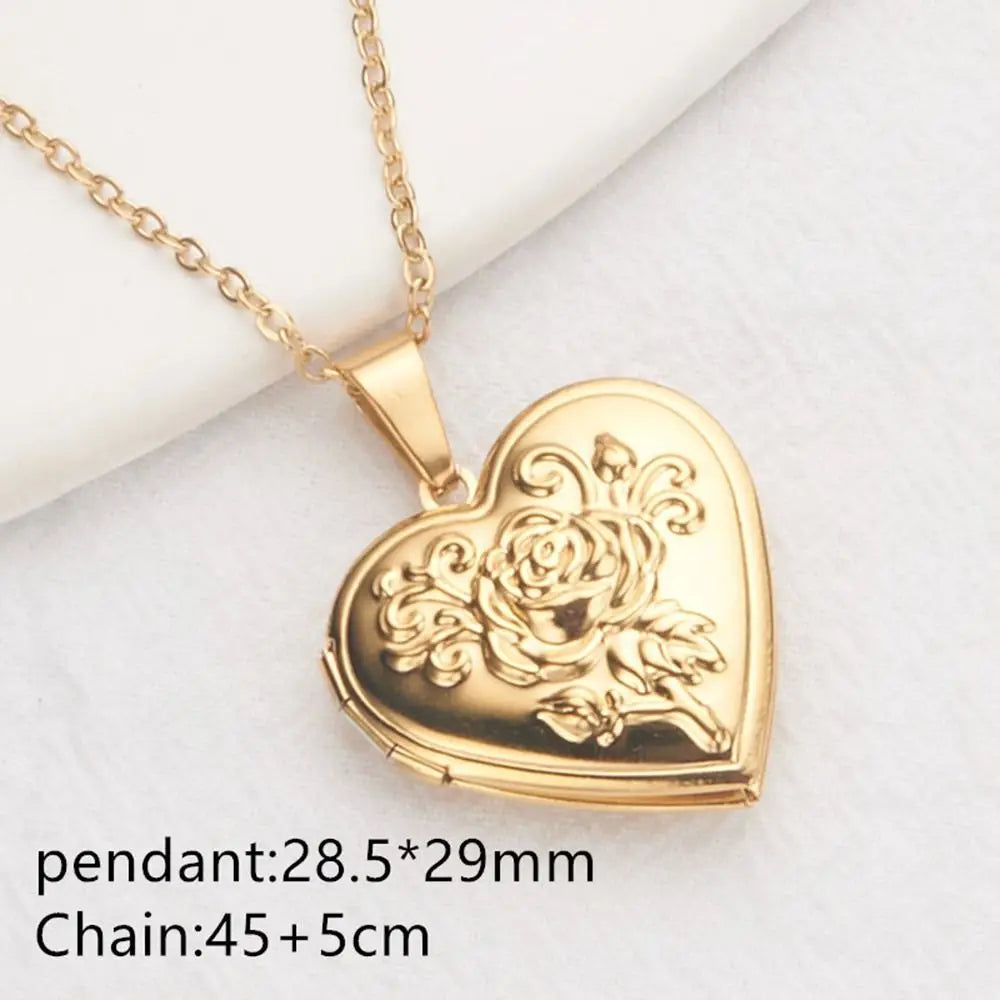 Photo Locket Necklace Pendant Titanium Steel Gold Silver
