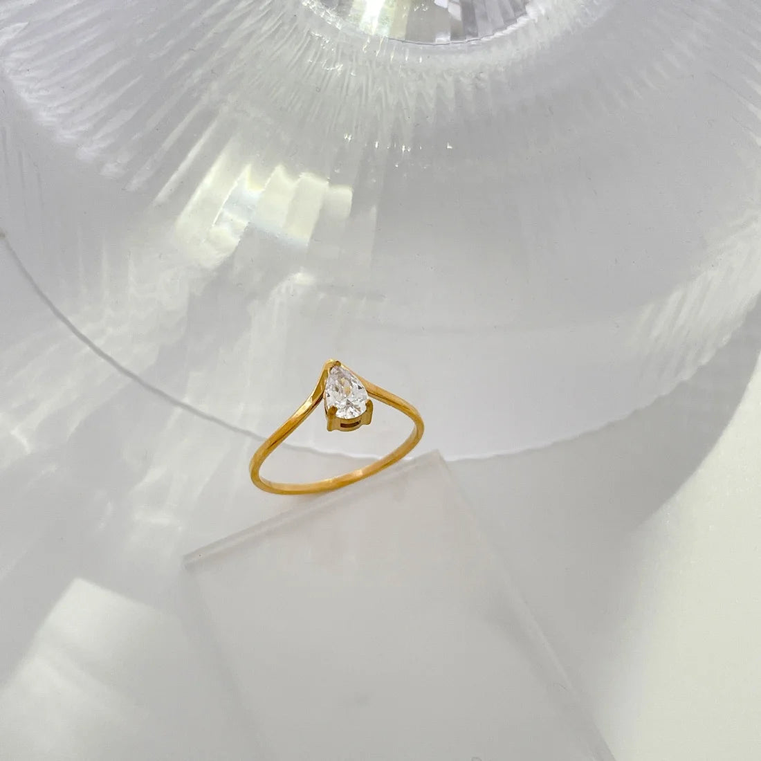 Geometric V Shape Waterdrop Ring Stainless Steel Gold Color