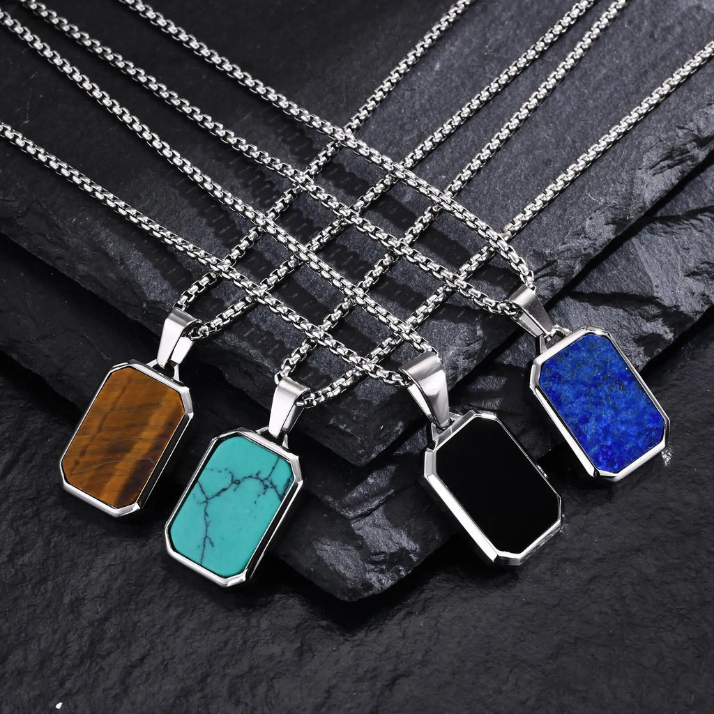 Square Natural Stone Pendant Necklace for Men in Stainless Steel