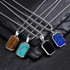 Square Natural Stone Pendant Necklace for Men in Stainless Steel