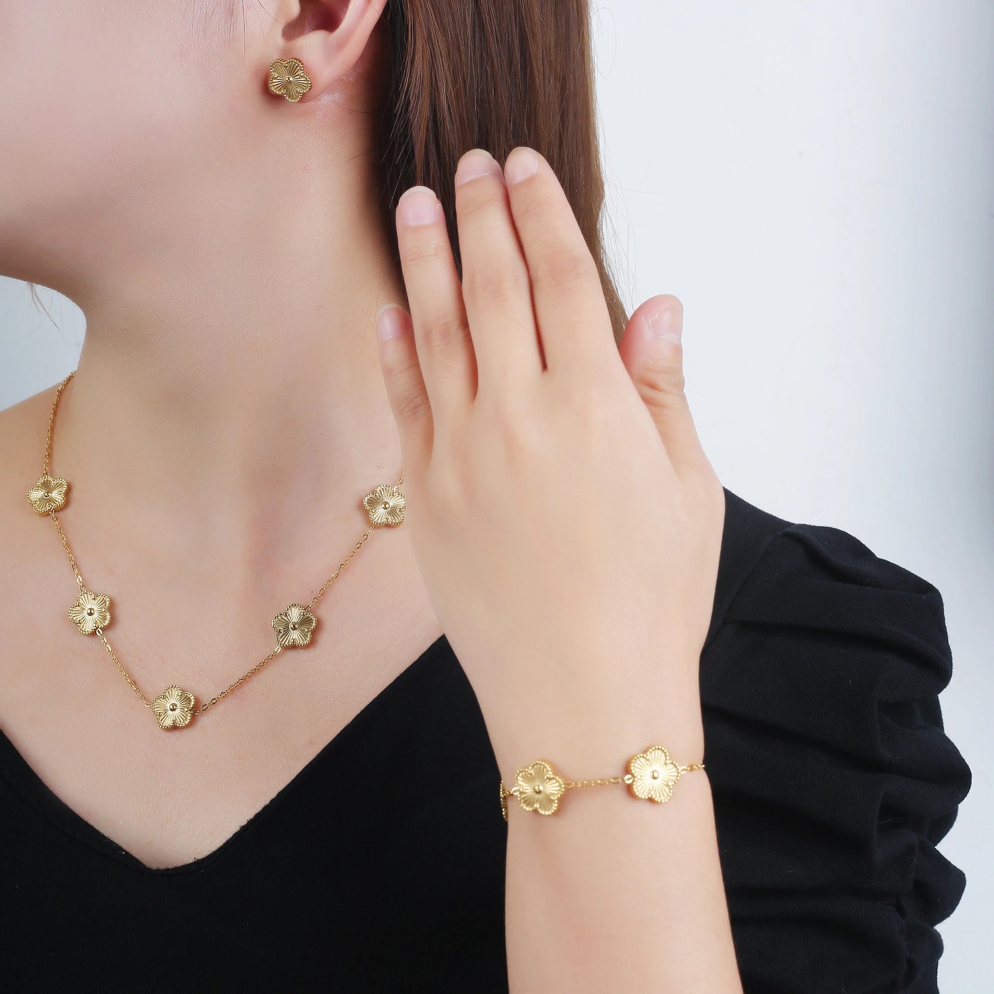 Adjustable Stainless Steel Five-Leaf Flower Bracelet for Women