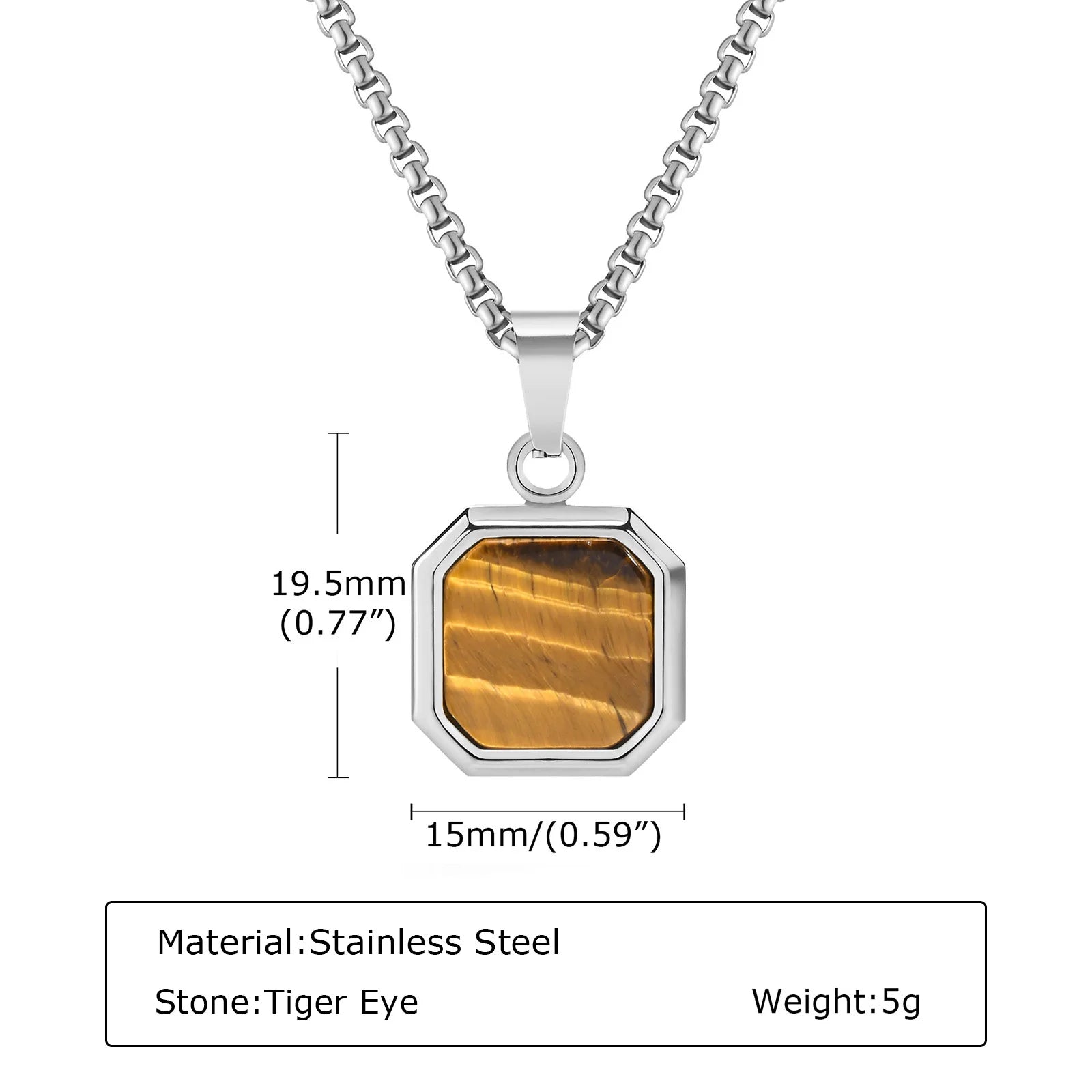 Square Natural Stone Pendant Necklace for Men in Stainless Steel